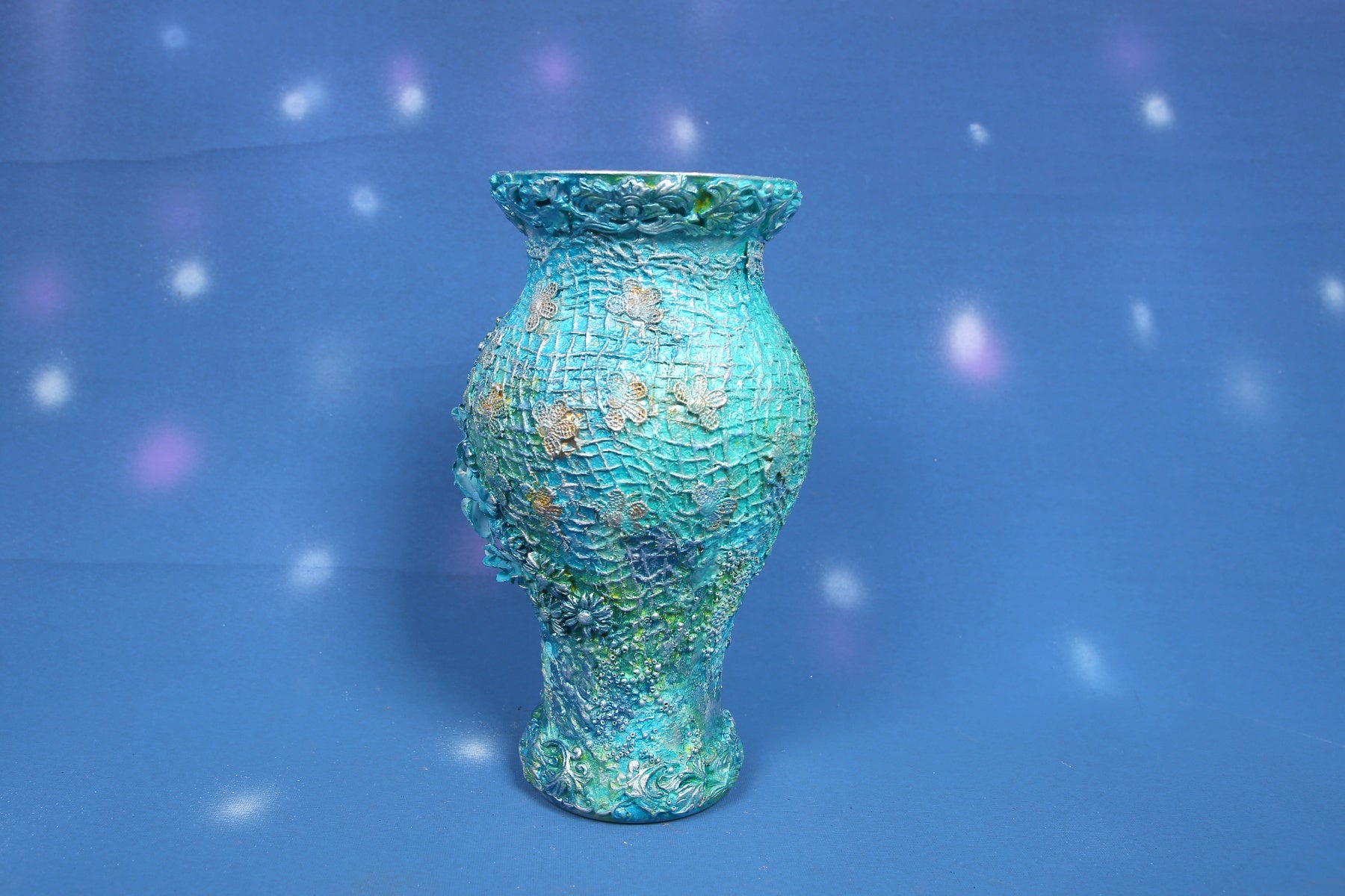 Turquoise Blue Textured Vase with 3D Butterfly & Floral Ornaments