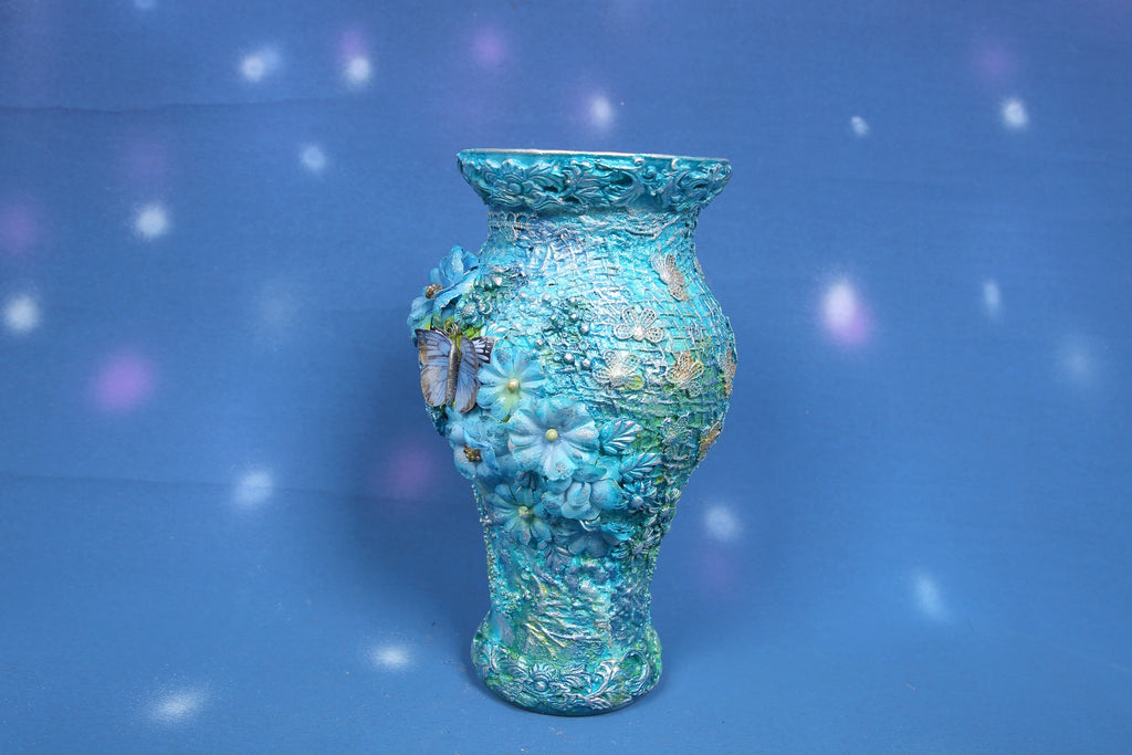 Turquoise Blue Textured Vase with 3D Butterfly & Floral Ornaments