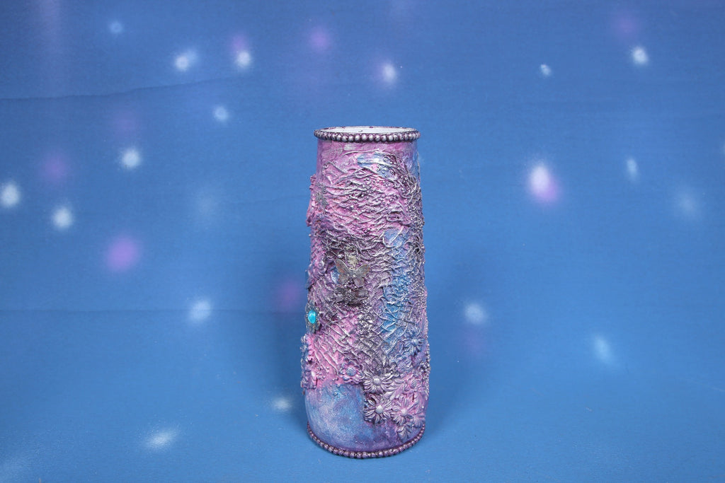 Purple Blue Ombre Textured Vase with 3D Floral & Butterfly Ornaments