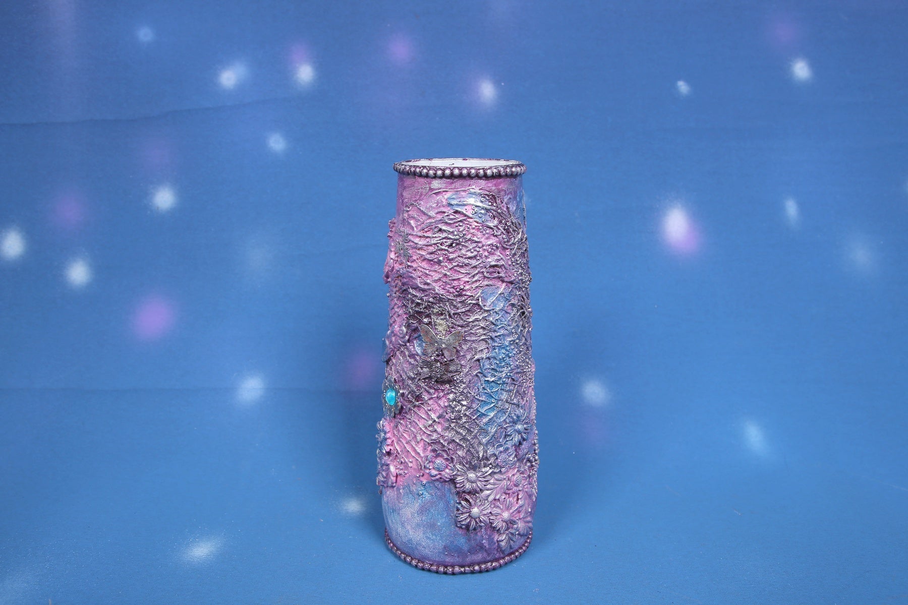 Purple Blue Ombre Textured Vase with 3D Floral & Butterfly Ornaments