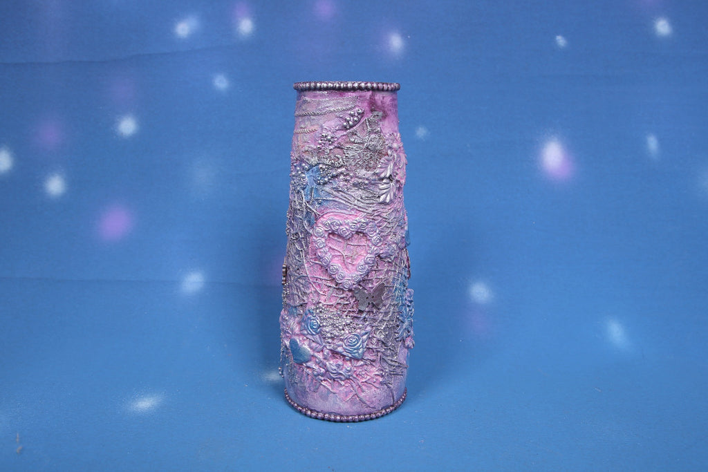 Purple Blue Ombre Textured Vase with 3D Floral & Butterfly Ornaments