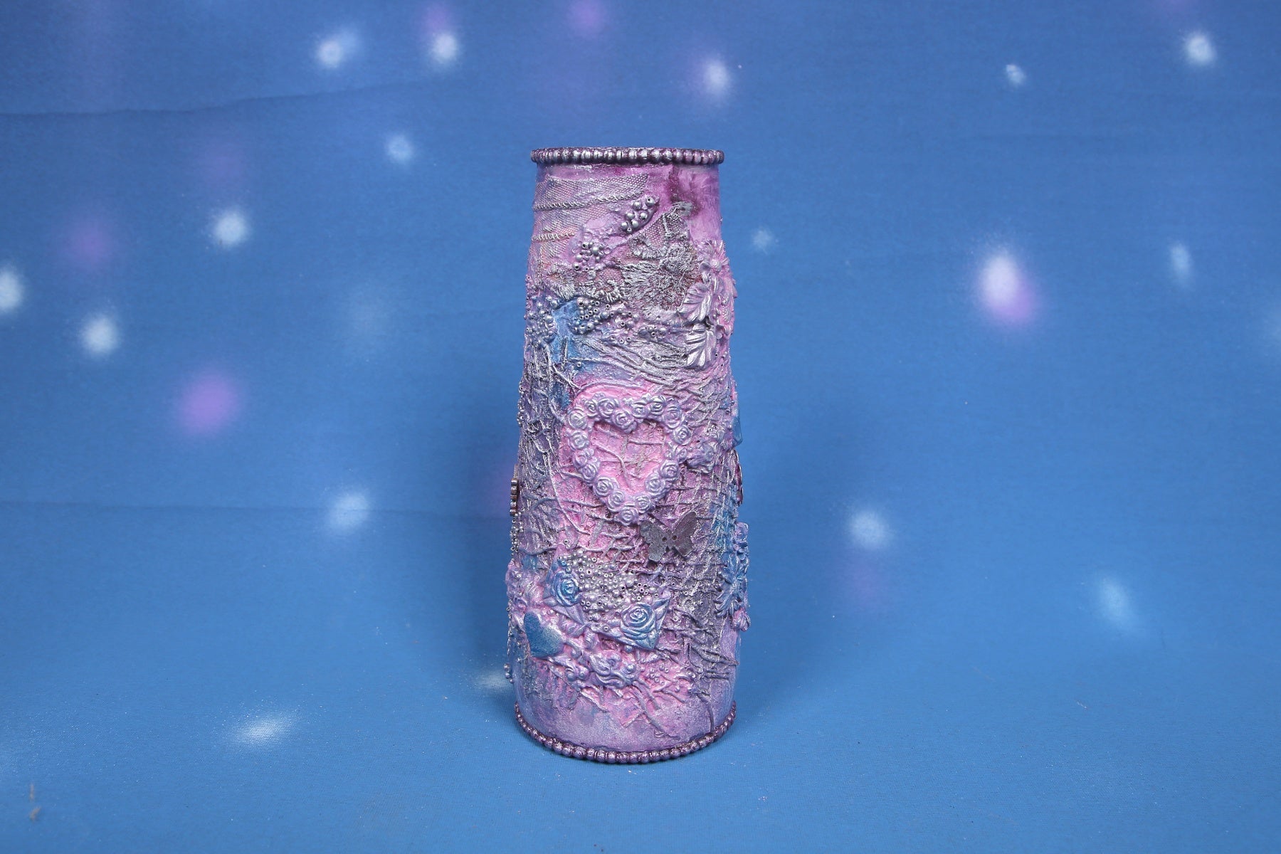 Purple Blue Ombre Textured Vase with 3D Floral & Butterfly Ornaments