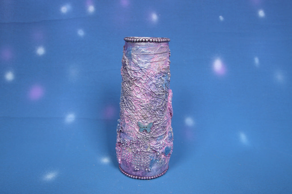 Purple Blue Ombre Textured Vase with 3D Floral & Butterfly Ornaments