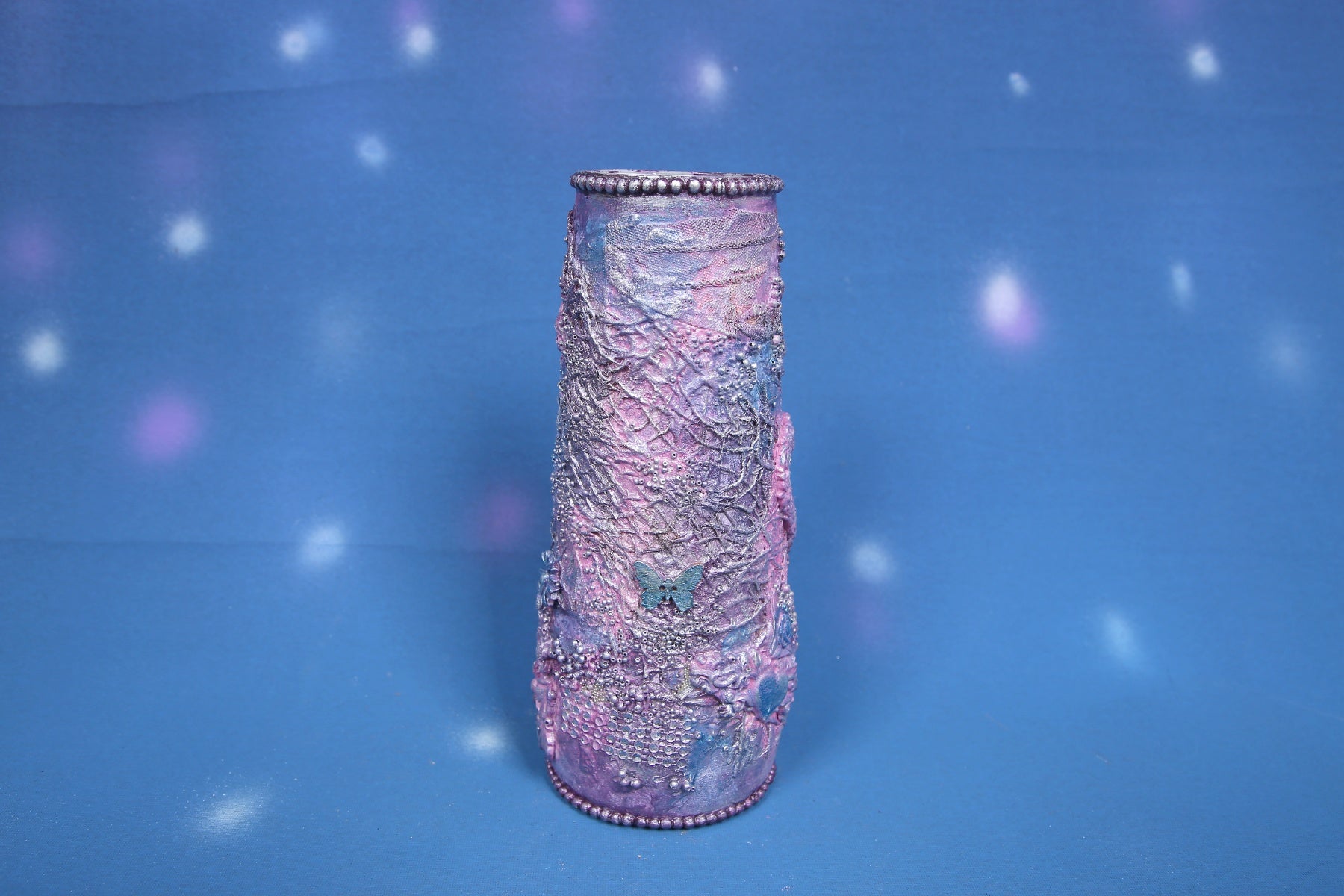 Purple Blue Ombre Textured Vase with 3D Floral & Butterfly Ornaments