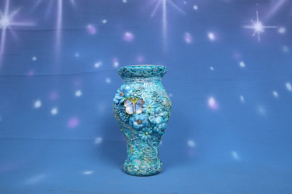 Turquoise Blue Textured Vase with 3D Butterfly & Floral Ornaments
