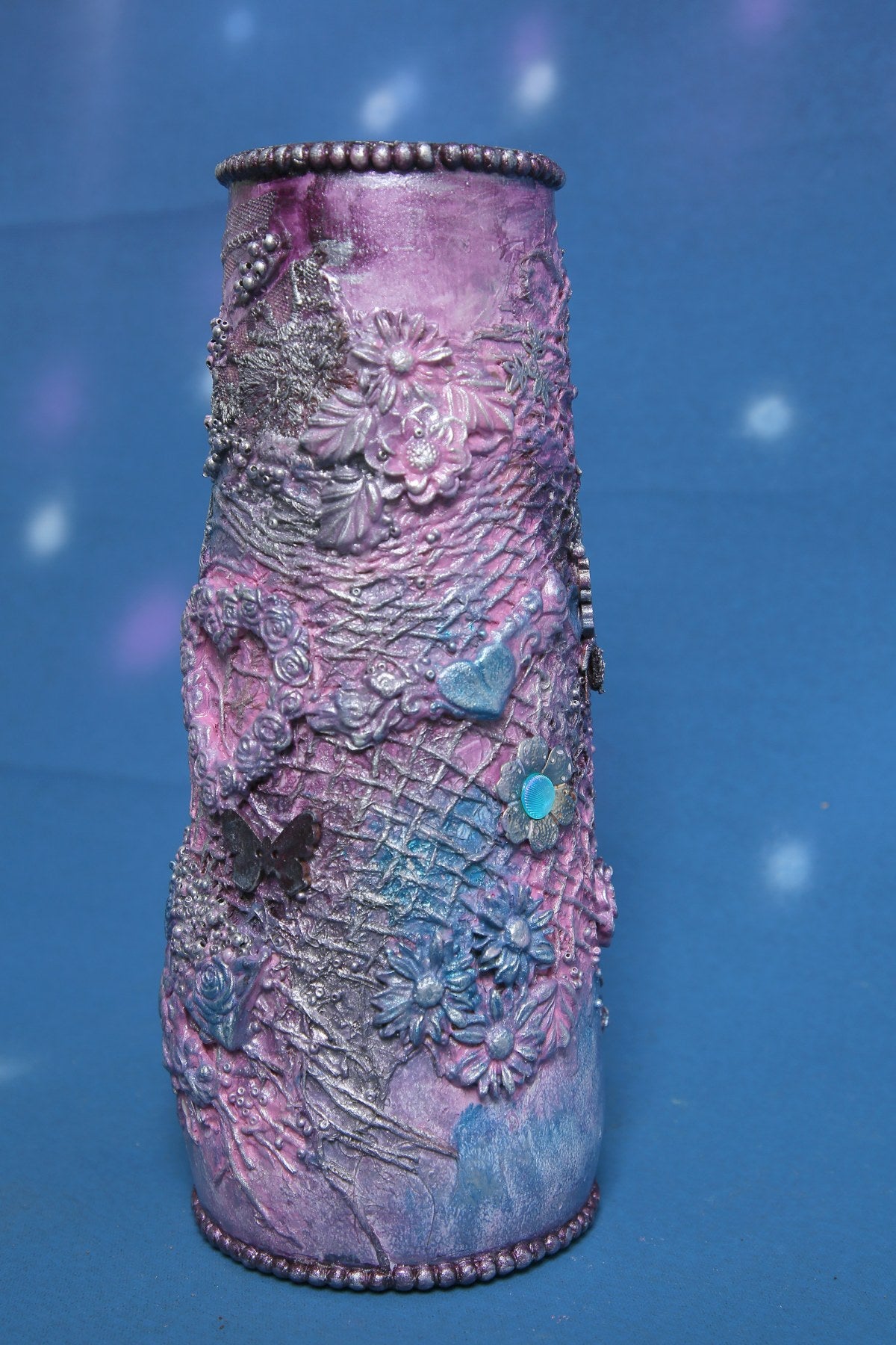 Purple Blue Ombre Textured Vase with 3D Floral & Butterfly Ornaments