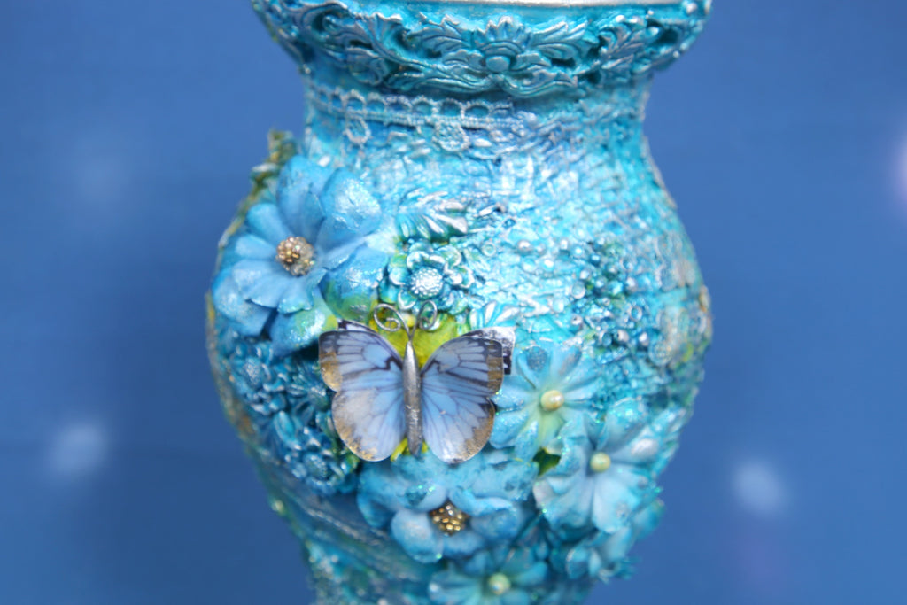 Turquoise Blue Textured Vase with 3D Butterfly & Floral Ornaments