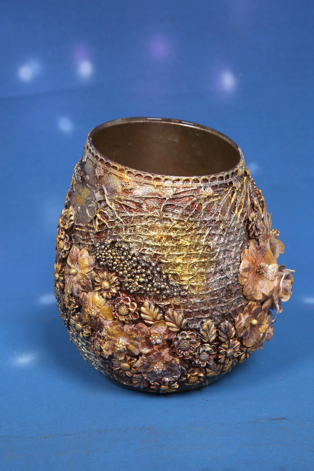 Golden Garden Decorated Vase - Handcrafted with Bronze Floral Embellishments