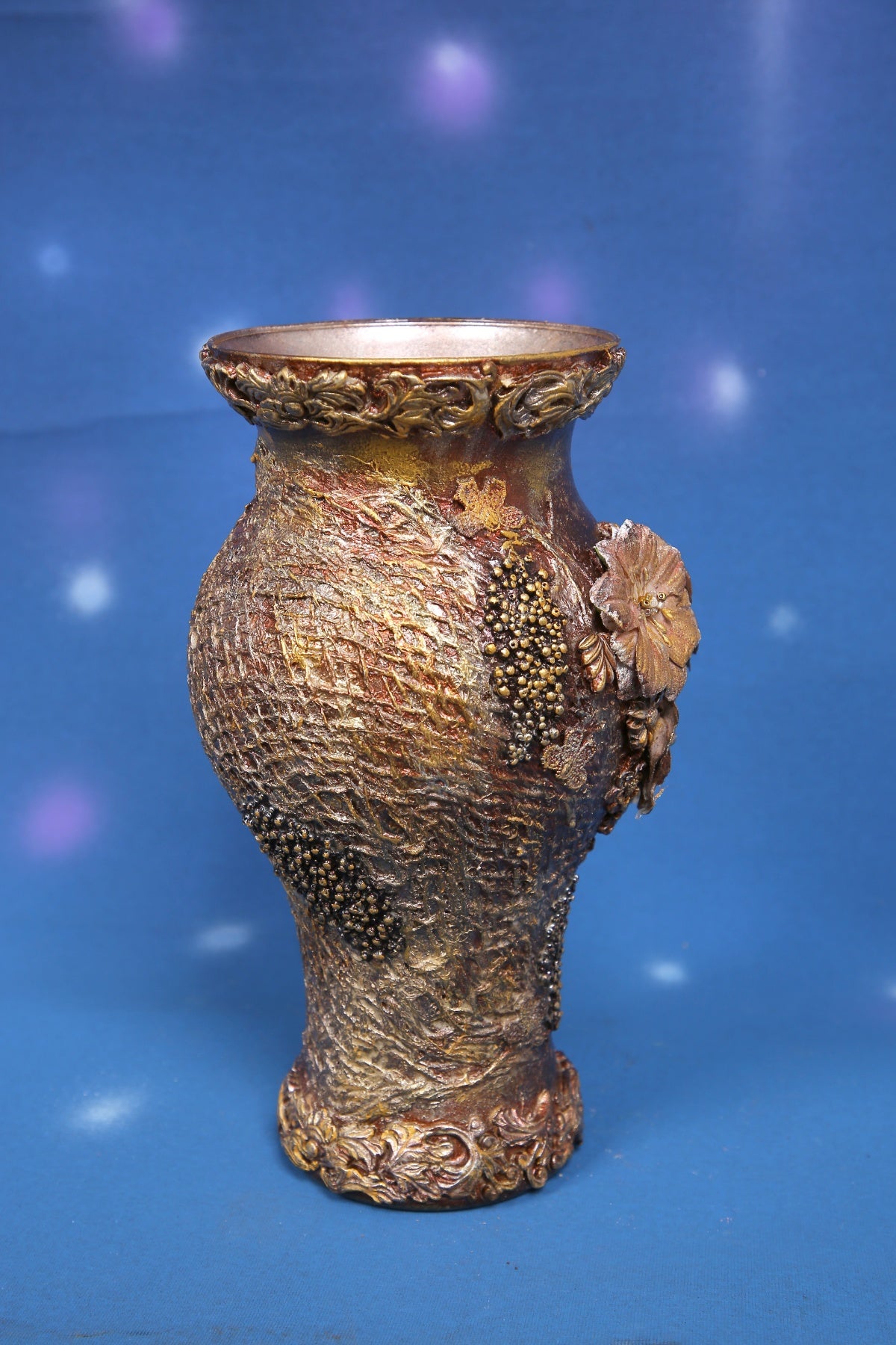 Luxury Bronze Textured Baroque Vase with 3D Floral Ornaments