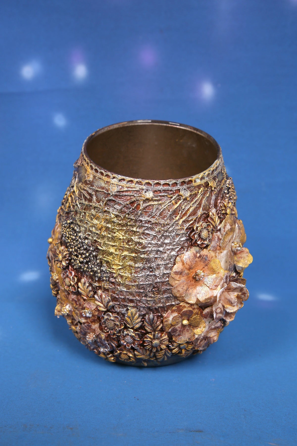 Golden Garden Decorated Vase - Handcrafted with Bronze Floral Embellishments