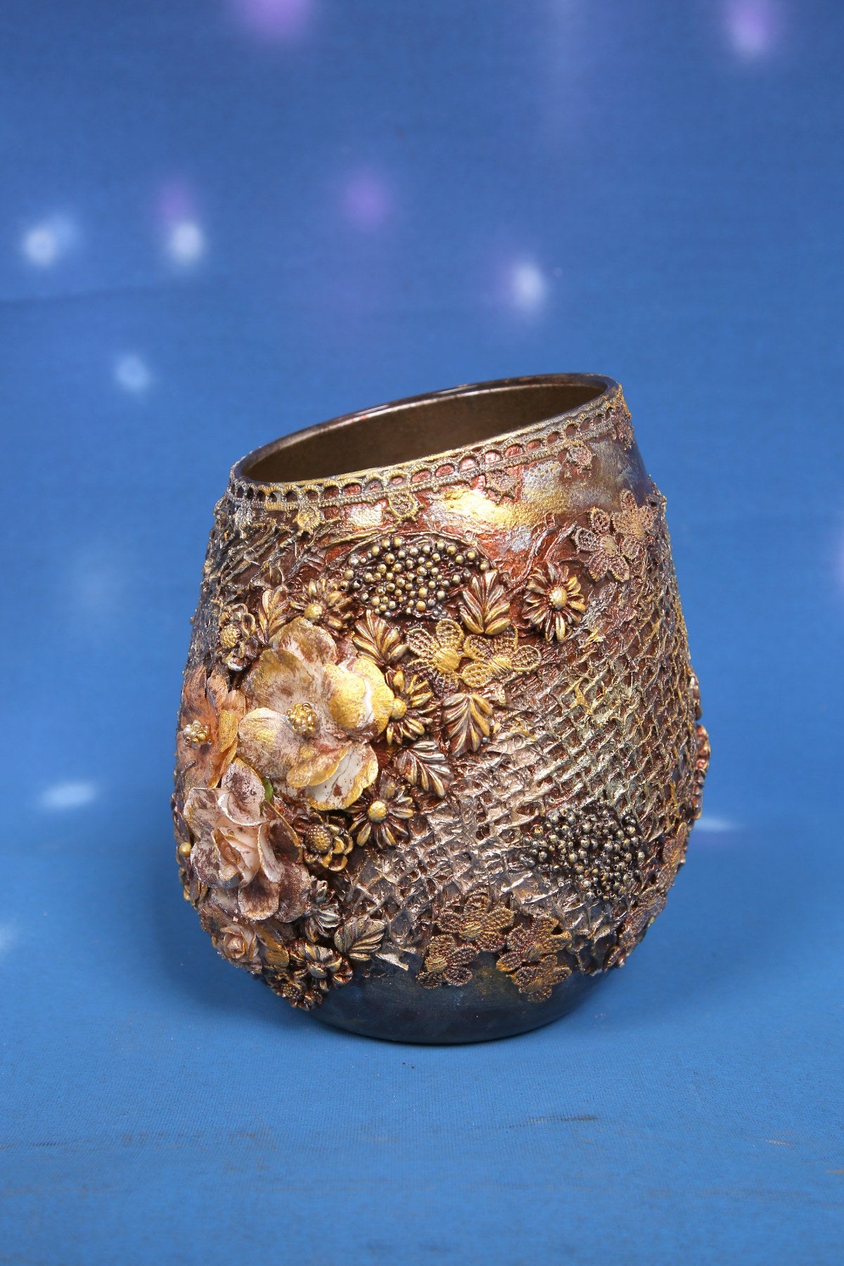 Golden Garden Decorated Vase - Handcrafted with Bronze Floral Embellishments