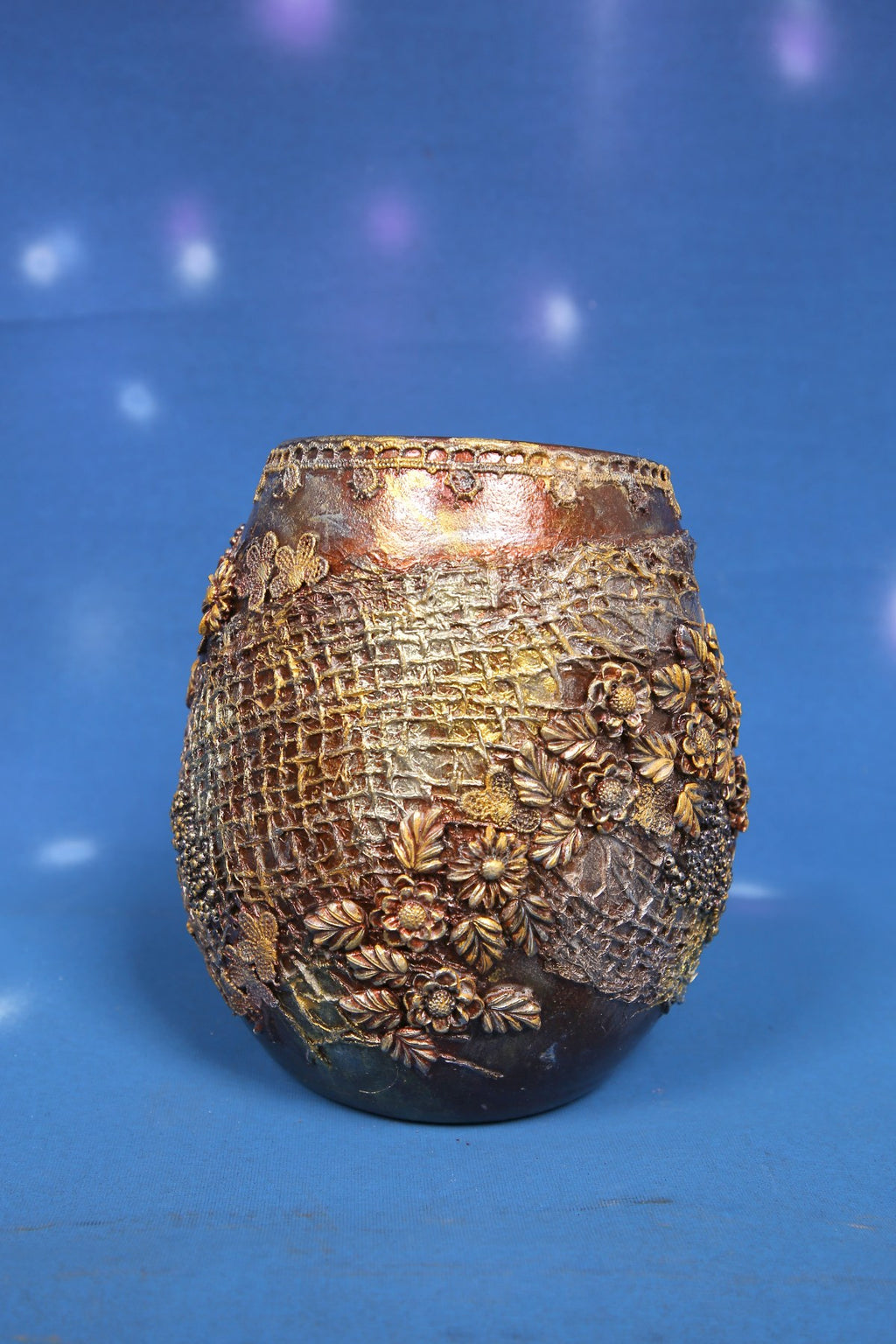 Golden Garden Decorated Vase - Handcrafted with Bronze Floral Embellishments