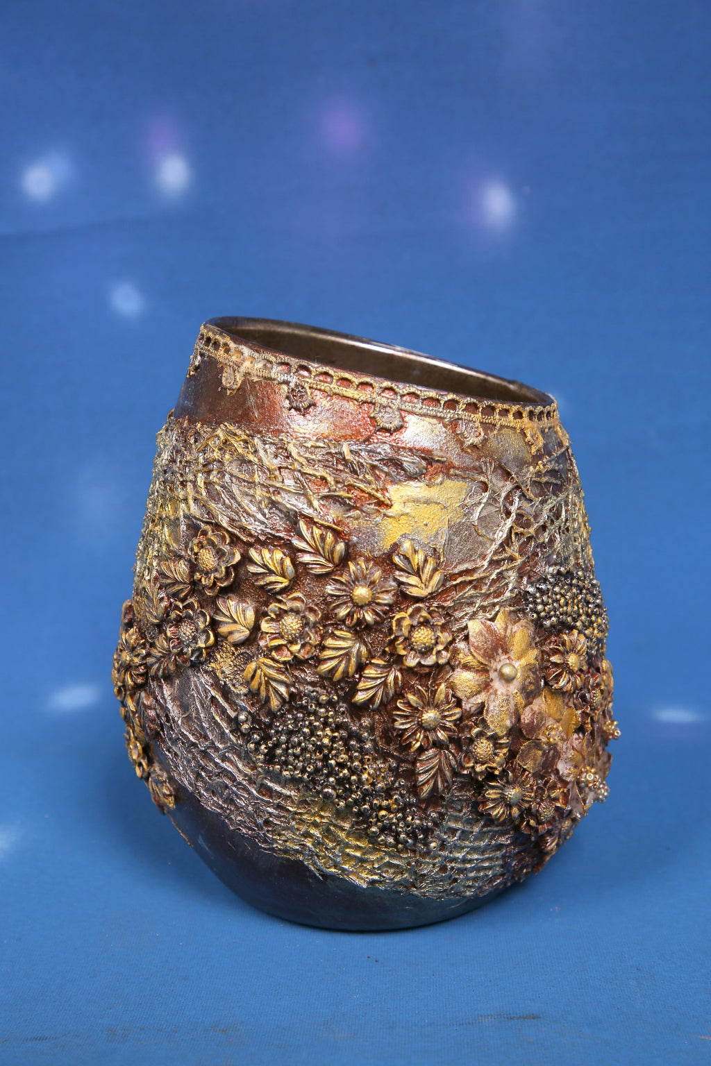 Golden Garden Decorated Vase - Handcrafted with Bronze Floral Embellishments