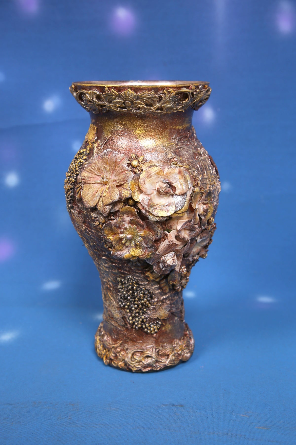 Luxury Bronze Textured Baroque Vase with 3D Floral Ornaments