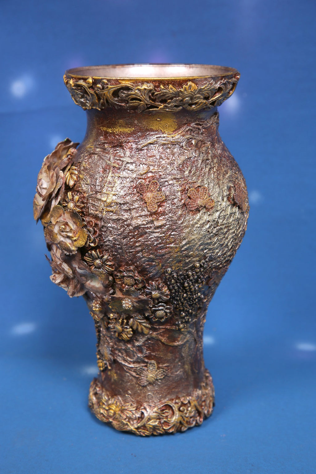 Luxury Bronze Textured Baroque Vase with 3D Floral Ornaments