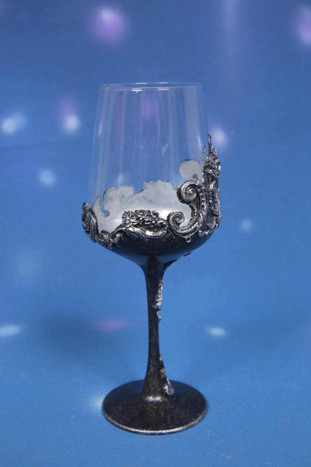 Gothic Black & Silver Baroque Wine Glass - Handcrafted Art Glass
