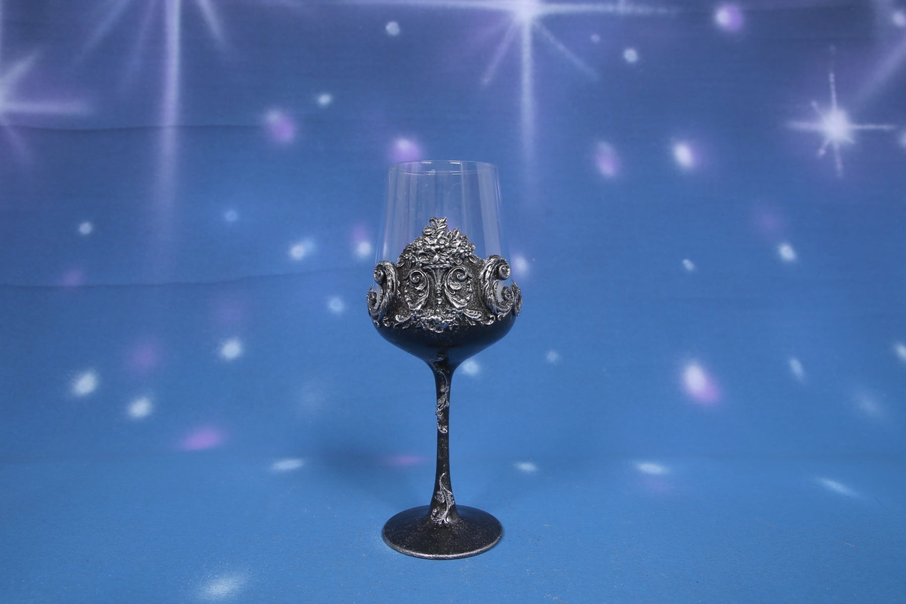 Gothic Black & Silver Baroque Wine Glass - Handcrafted Art Glass