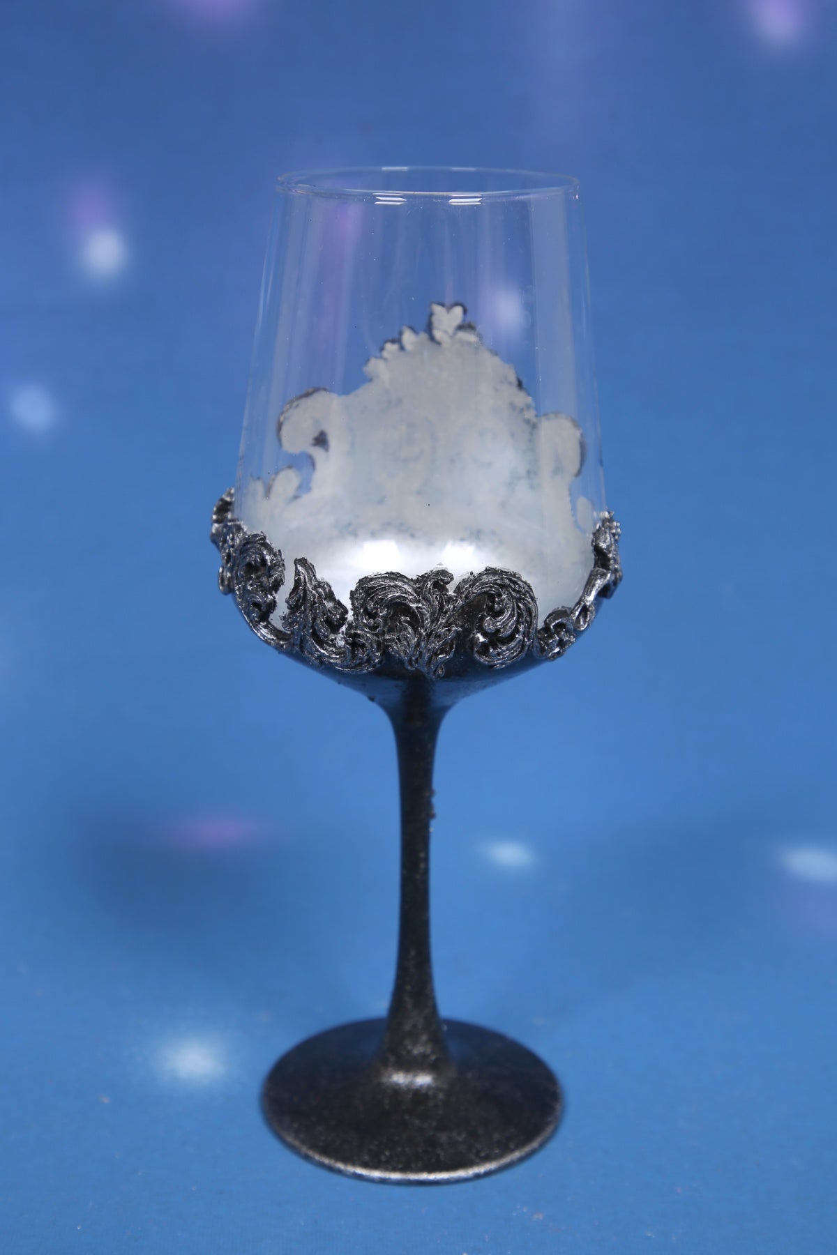 Gothic Black & Silver Baroque Wine Glass - Handcrafted Art Glass