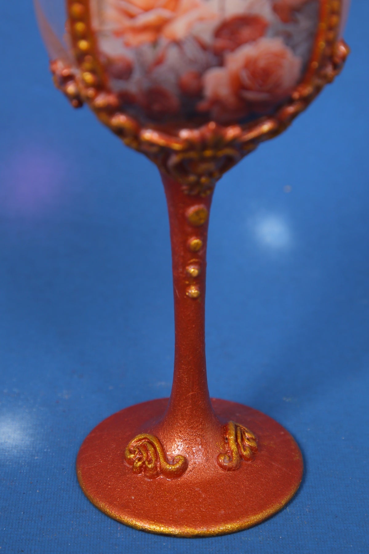 Copper Bronze Rose Decoupage Wine Glass - Handcrafted Art Glass