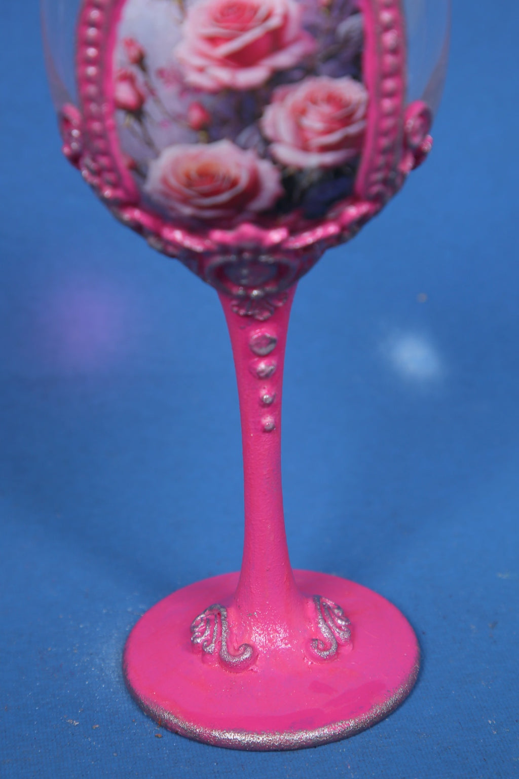 Pink Rose Decoupage Wine Glass - Handcrafted Art Glass