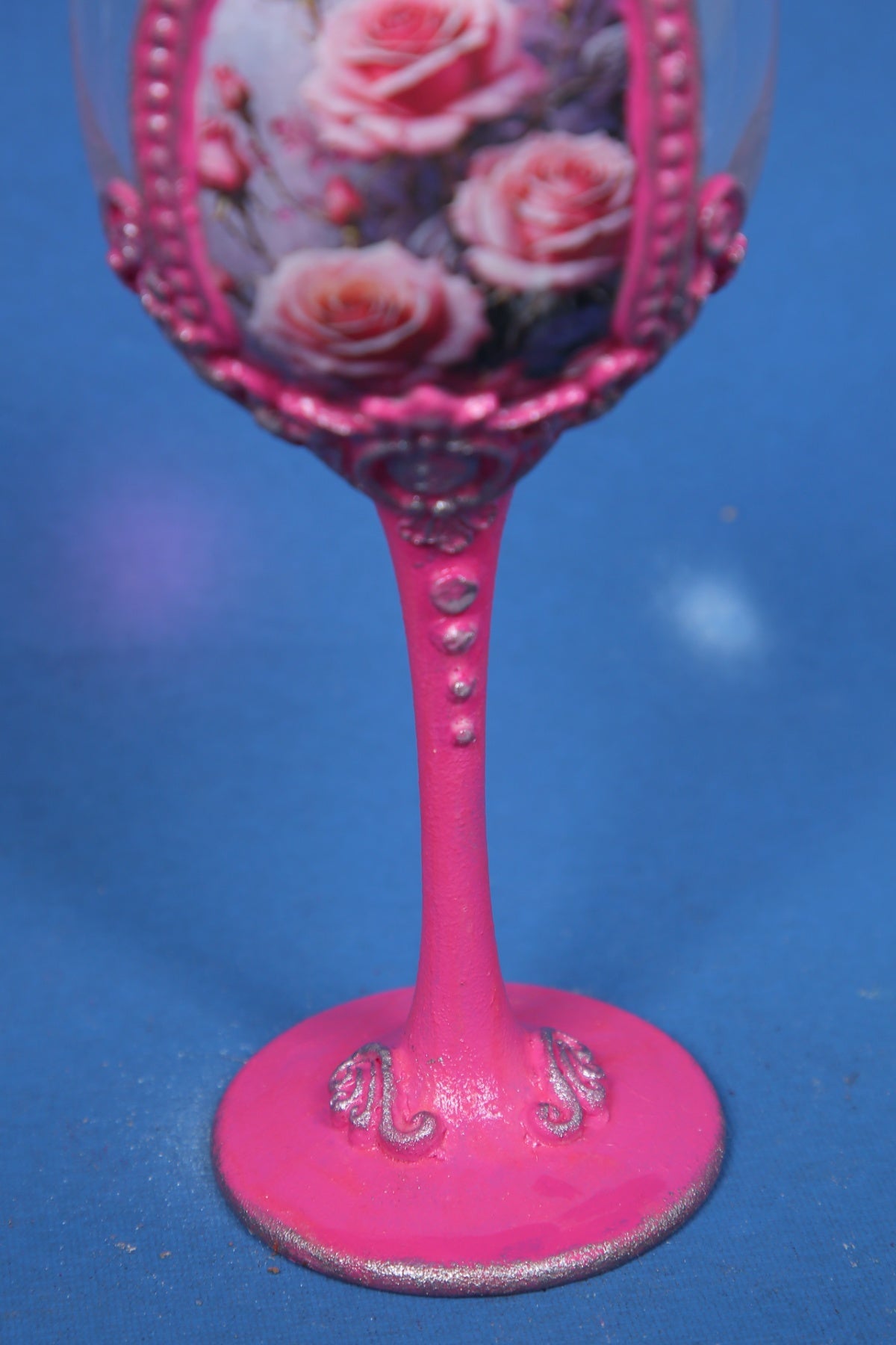Pink Rose Decoupage Wine Glass - Handcrafted Art Glass