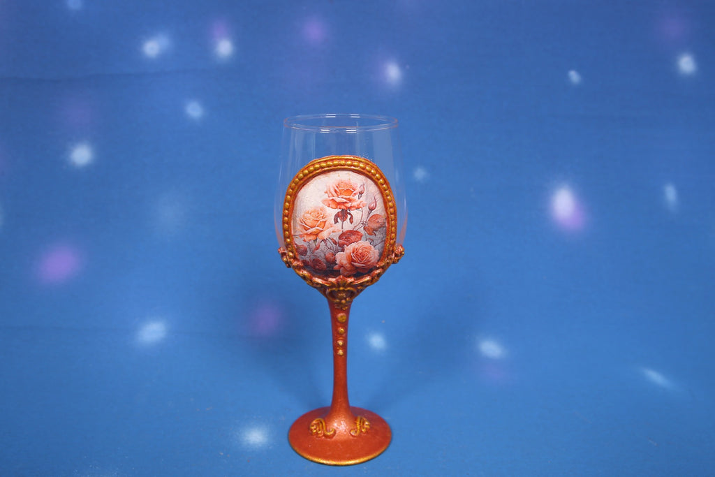 Copper Bronze Rose Decoupage Wine Glass - Handcrafted Art Glass