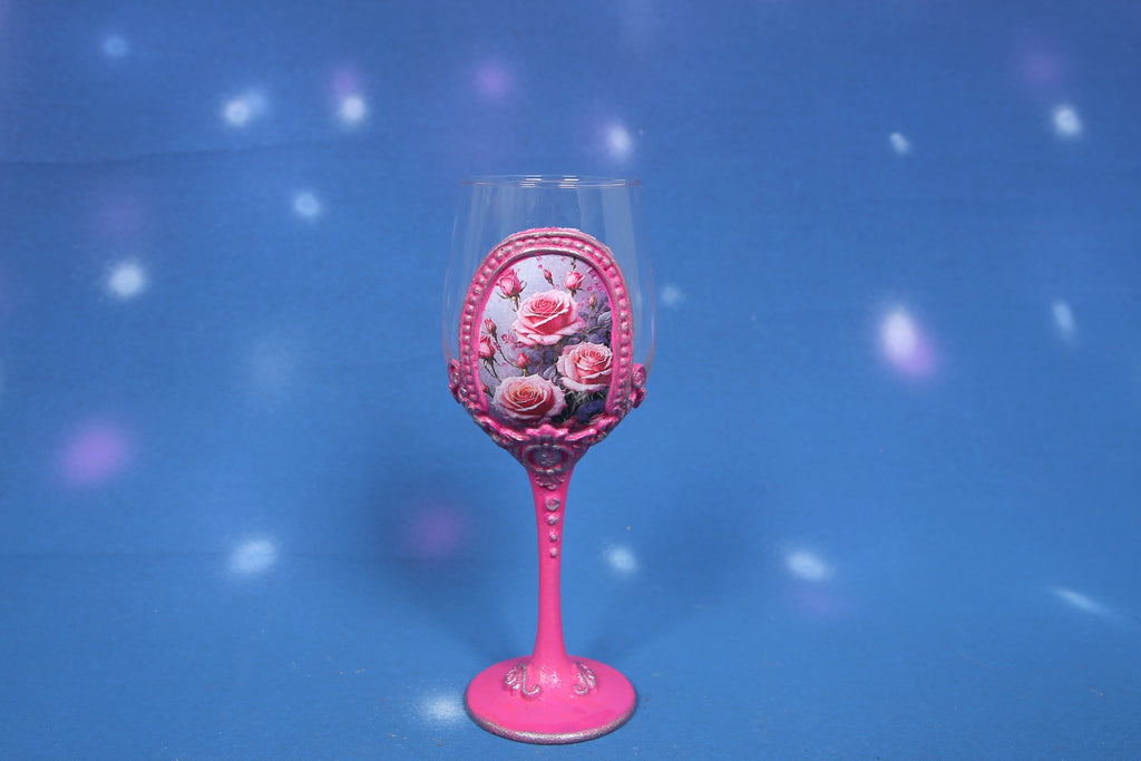 Pink Rose Decoupage Wine Glass - Handcrafted Art Glass