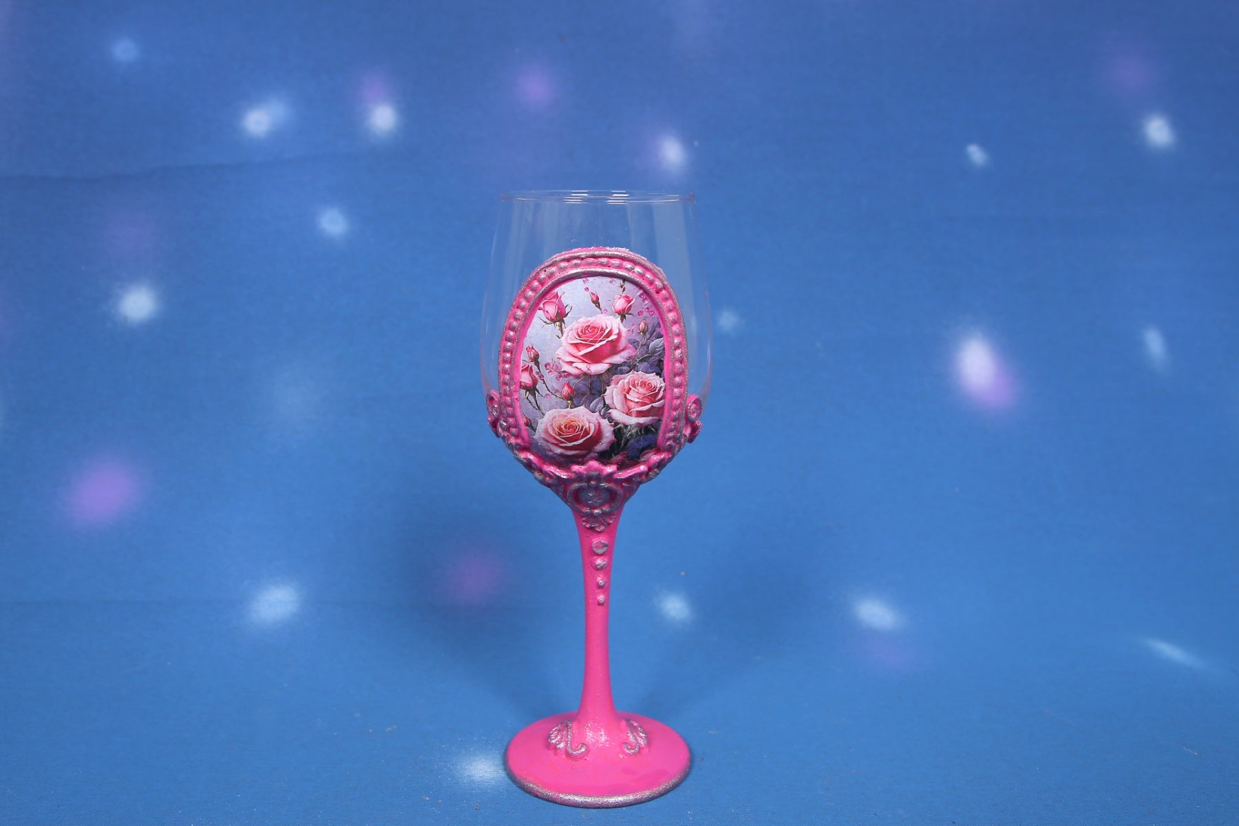 Pink Rose Decoupage Wine Glass - Handcrafted Art Glass