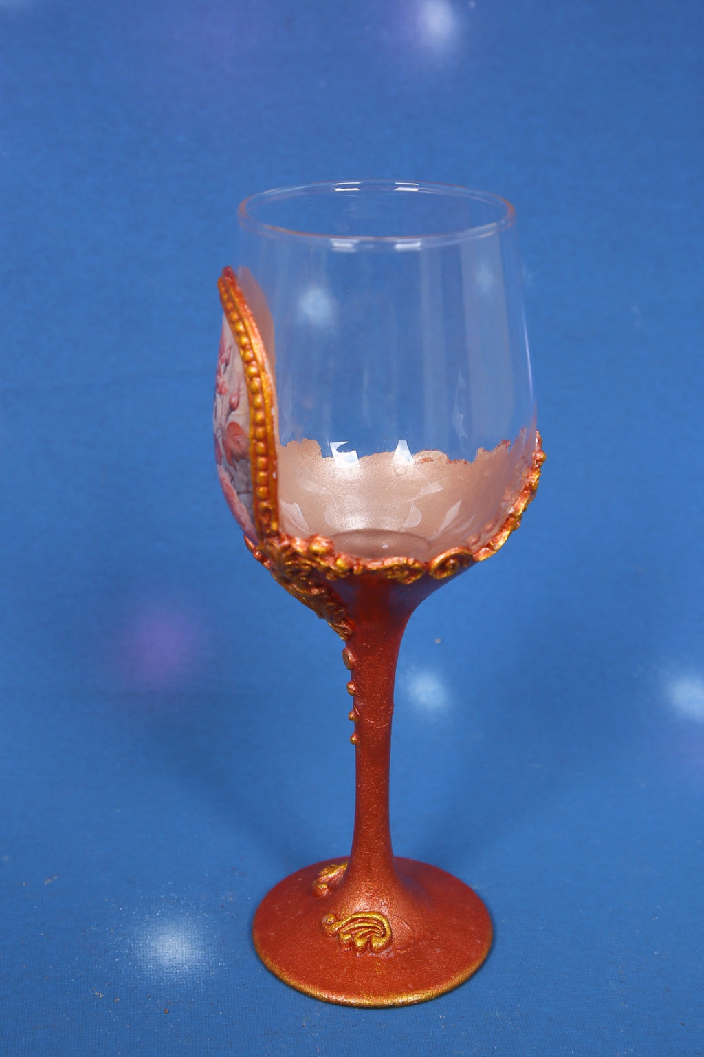 Copper Bronze Rose Decoupage Wine Glass - Handcrafted Art Glass