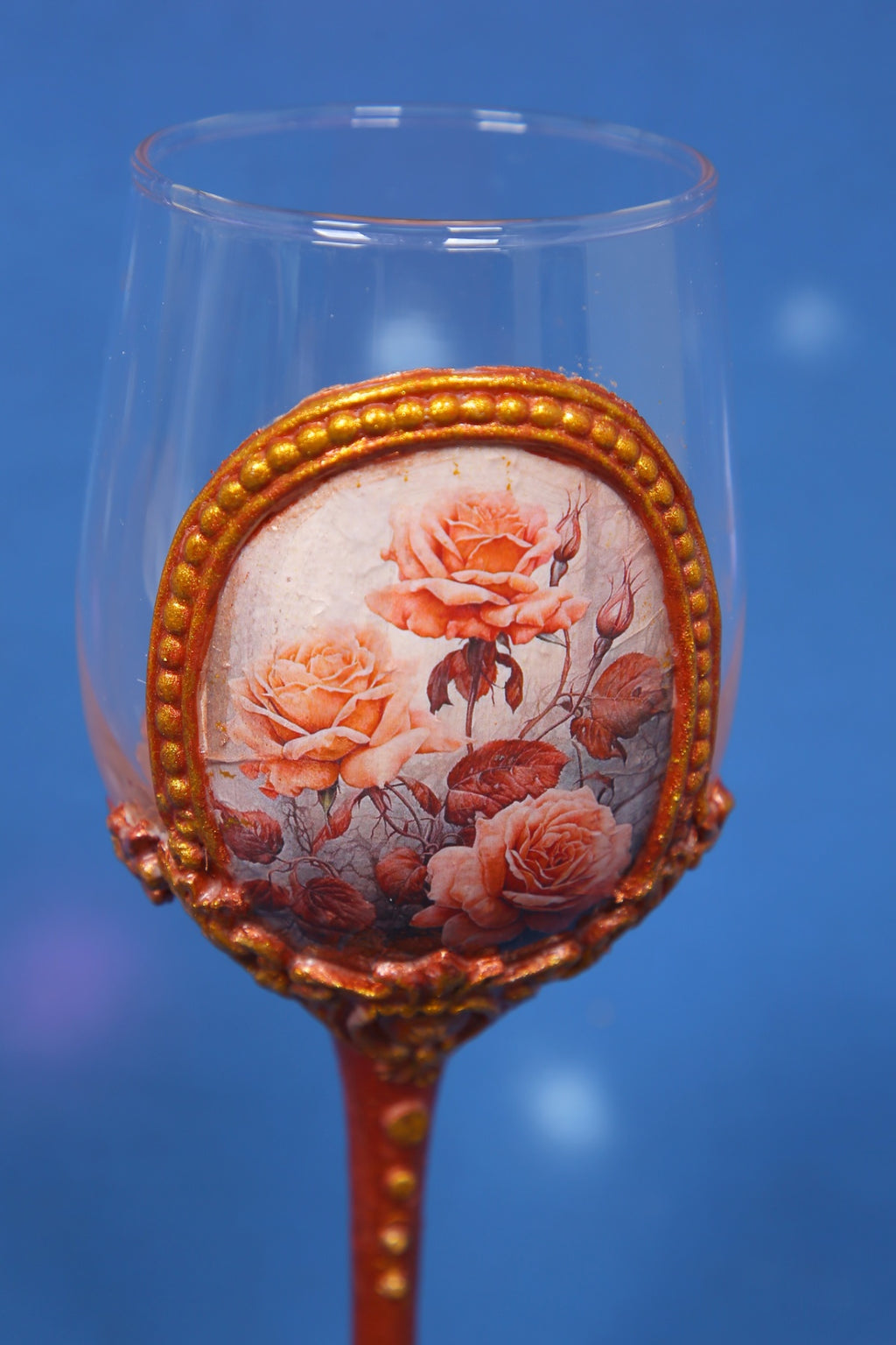 Copper Bronze Rose Decoupage Wine Glass - Handcrafted Art Glass