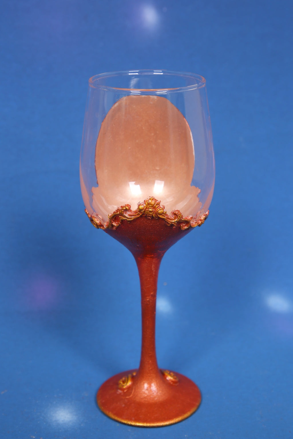 Copper Bronze Rose Decoupage Wine Glass - Handcrafted Art Glass