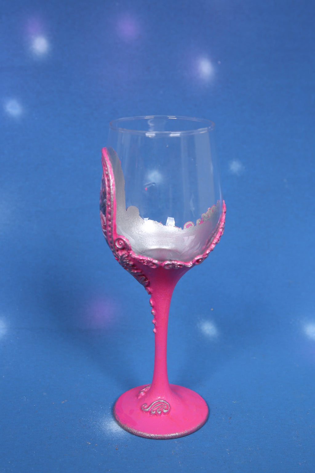 Pink Rose Decoupage Wine Glass - Handcrafted Art Glass