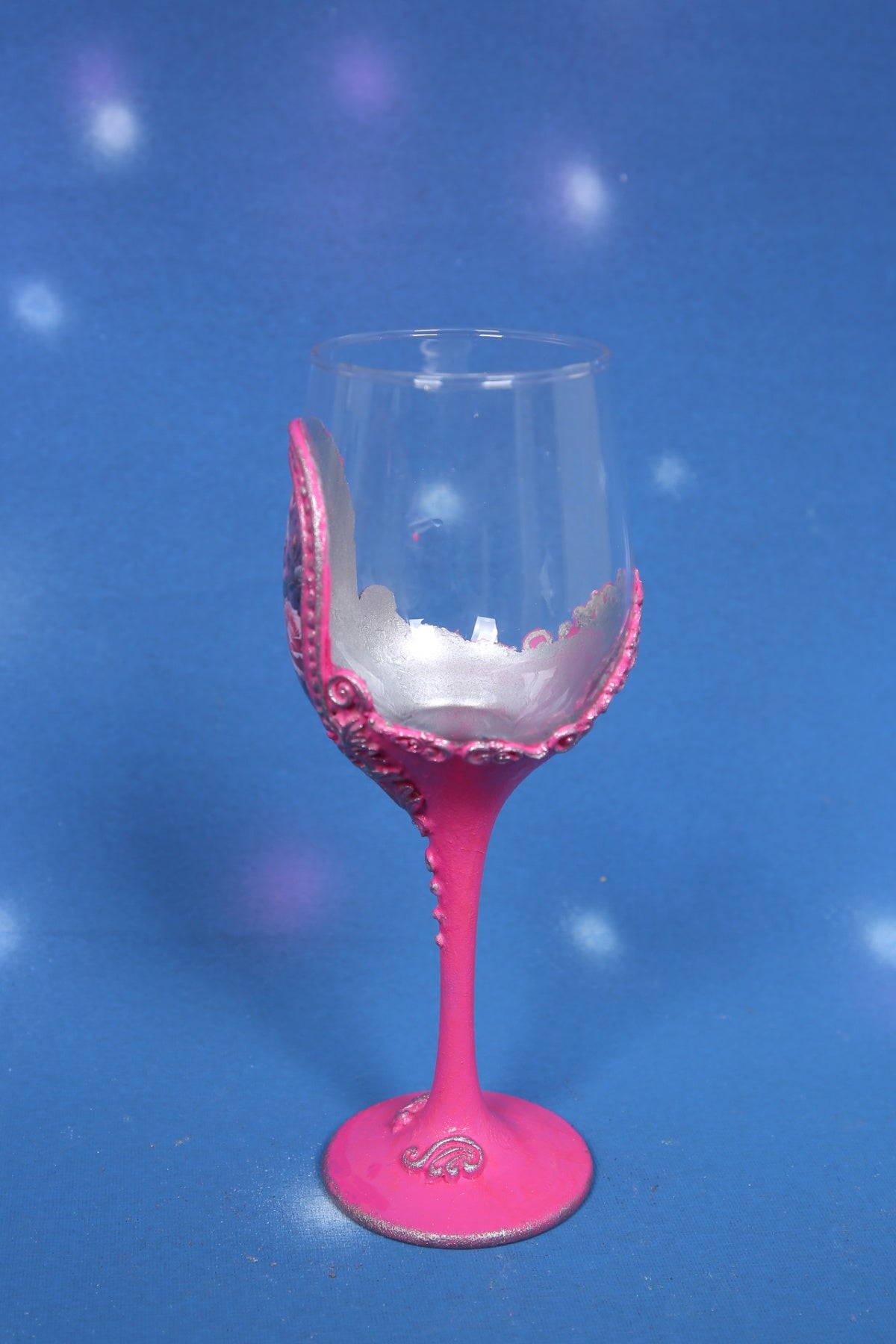 Pink Rose Decoupage Wine Glass - Handcrafted Art Glass