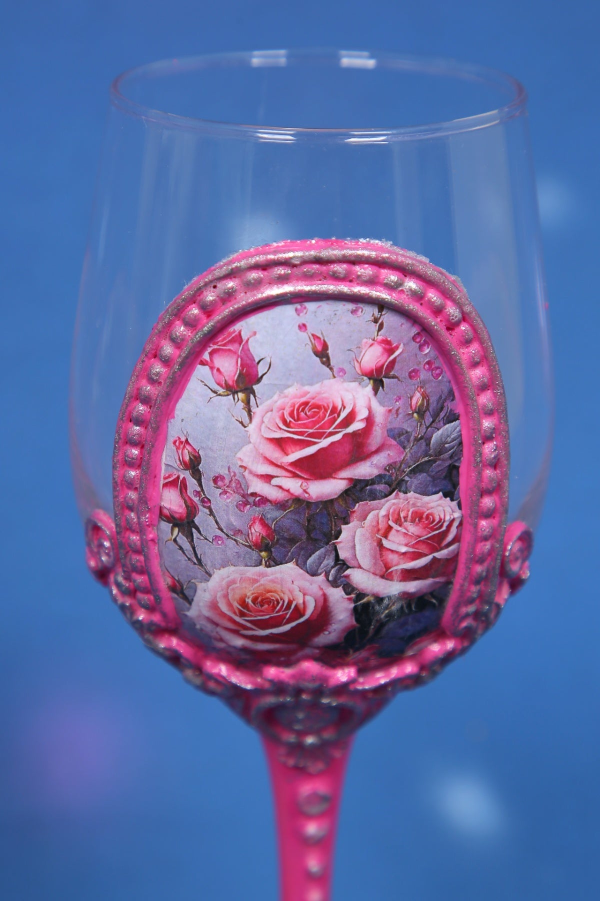 Pink Rose Decoupage Wine Glass - Handcrafted Art Glass