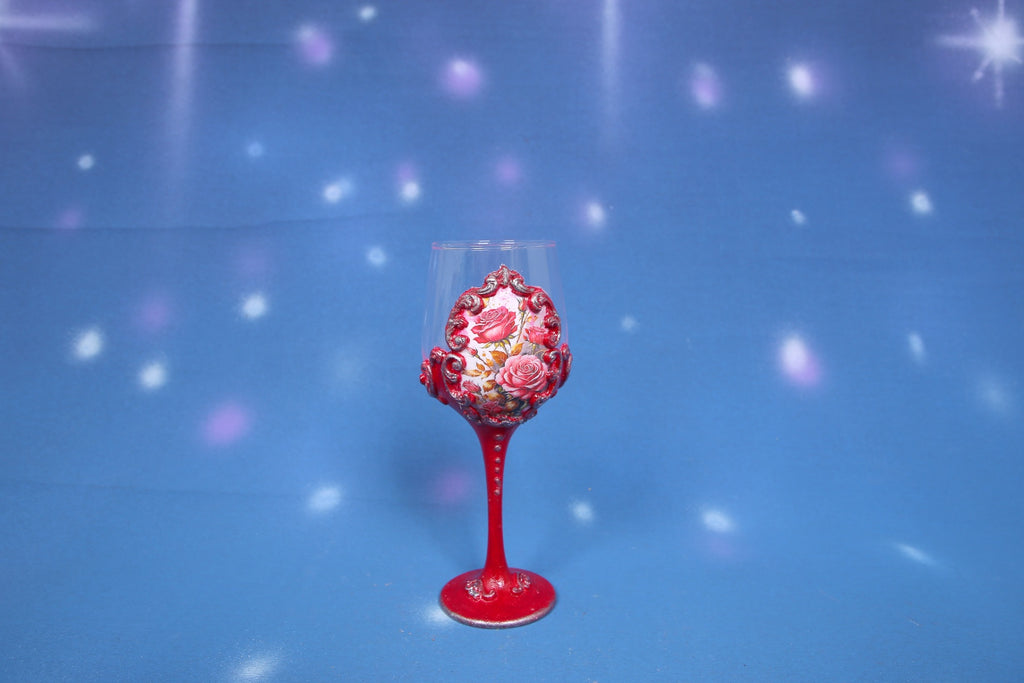 Red Rose Decoupage Wine Glass - Handcrafted Art Glass