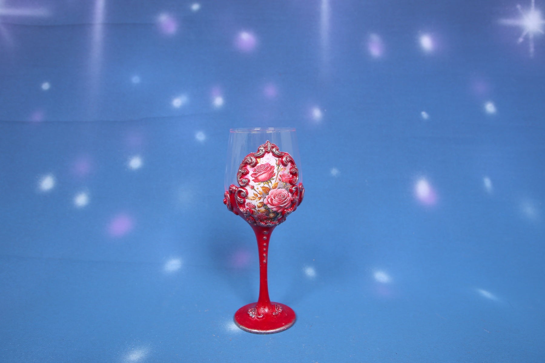 Red Rose Decoupage Wine Glass - Handcrafted Art Glass