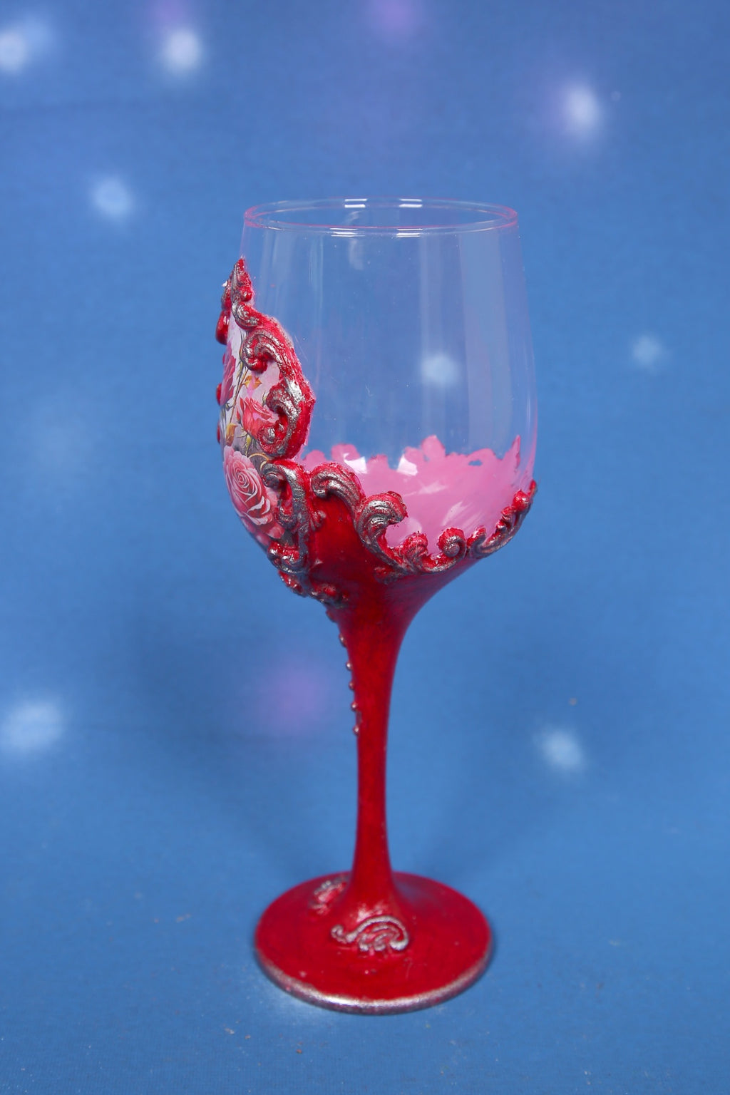 Red Rose Decoupage Wine Glass - Handcrafted Art Glass