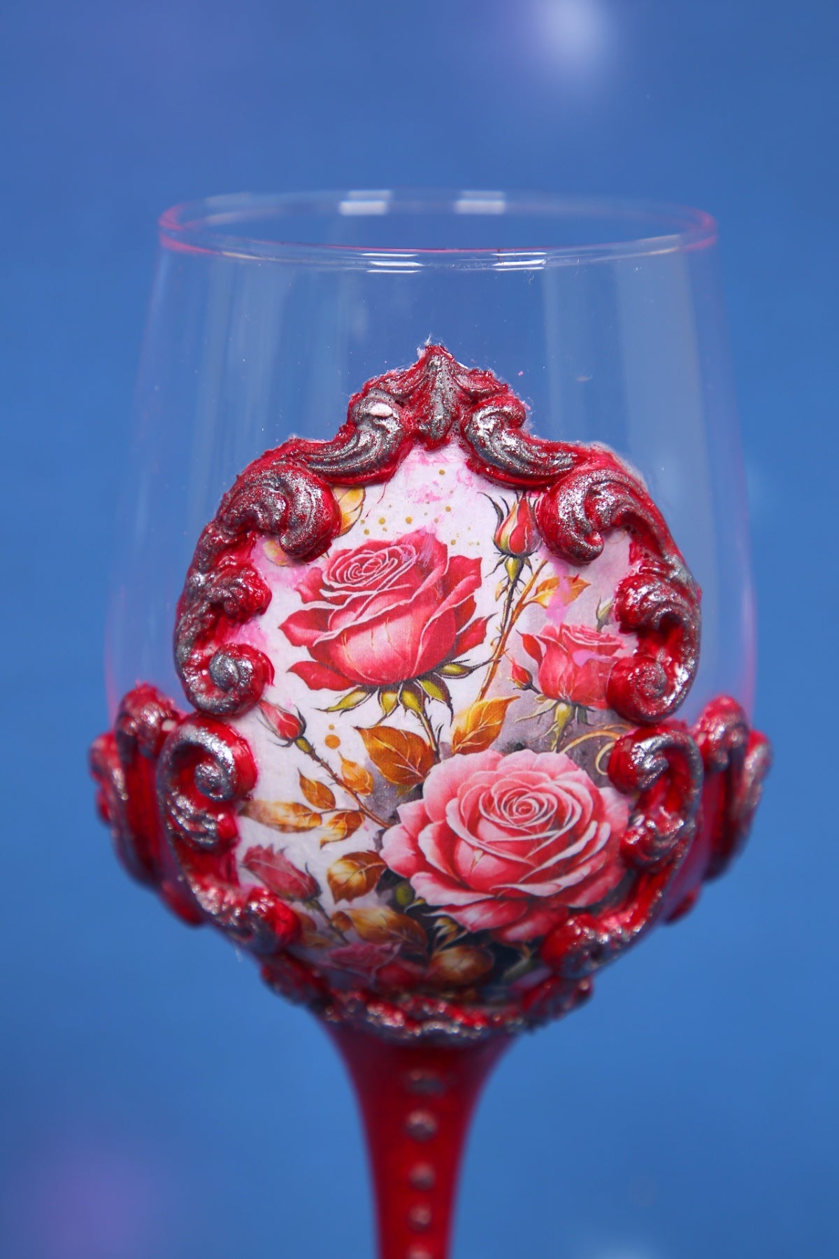 Red Rose Decoupage Wine Glass - Handcrafted Art Glass