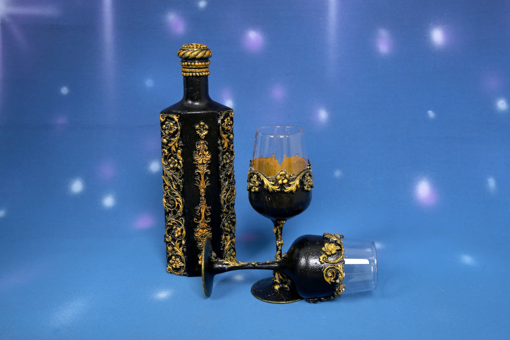 Luxury Black & Gold Red Wine Decanter Set with 2 Glasses