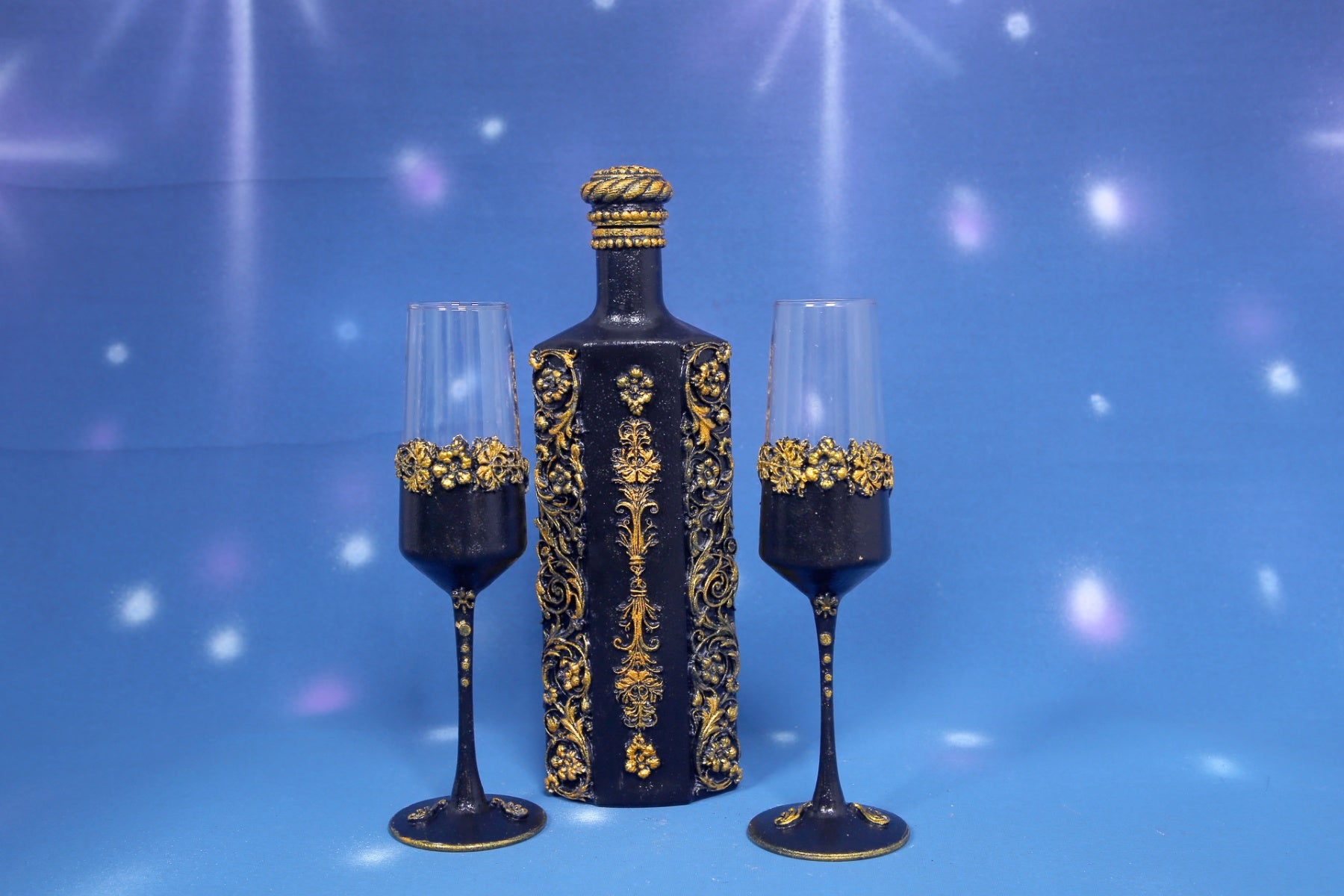 Luxury Black & Gold Wine Bottle Set with 2 Glasses