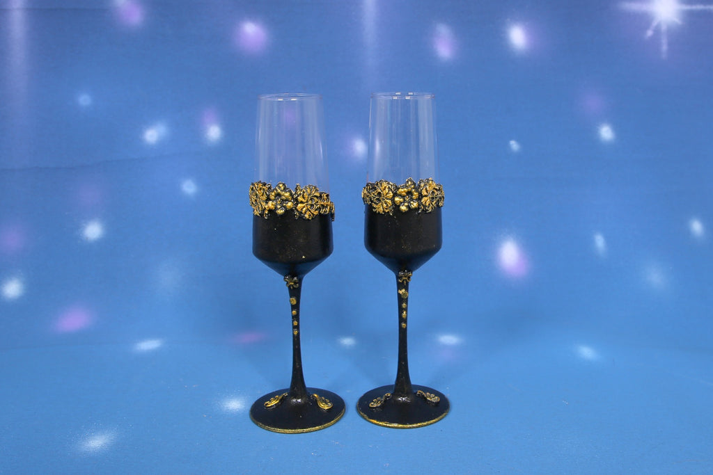 Luxury Black & Gold Wine Bottle Set with 2 Glasses