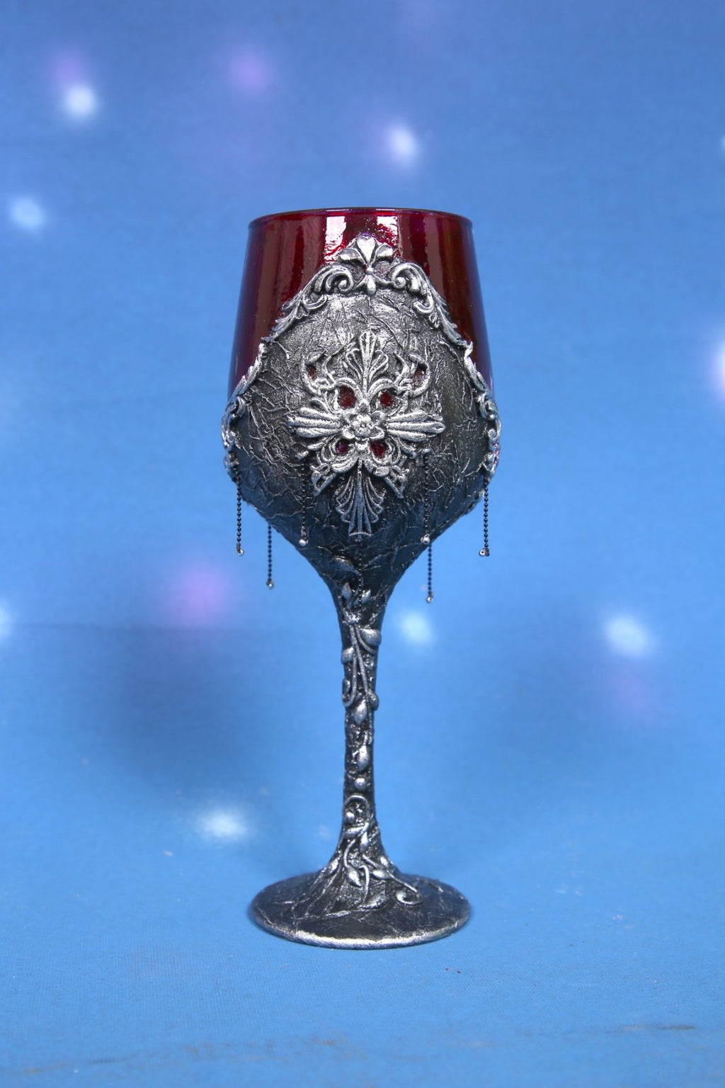 Gothic Wine Glass with Decoupage & Beaded Charms - Silver Metallic Ornate Goblet