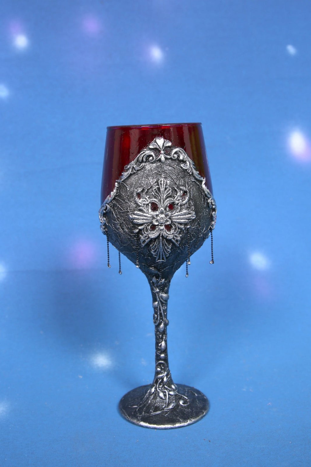 Gothic Wine Glass with Decoupage & Beaded Charms - Silver Metallic Ornate Goblet