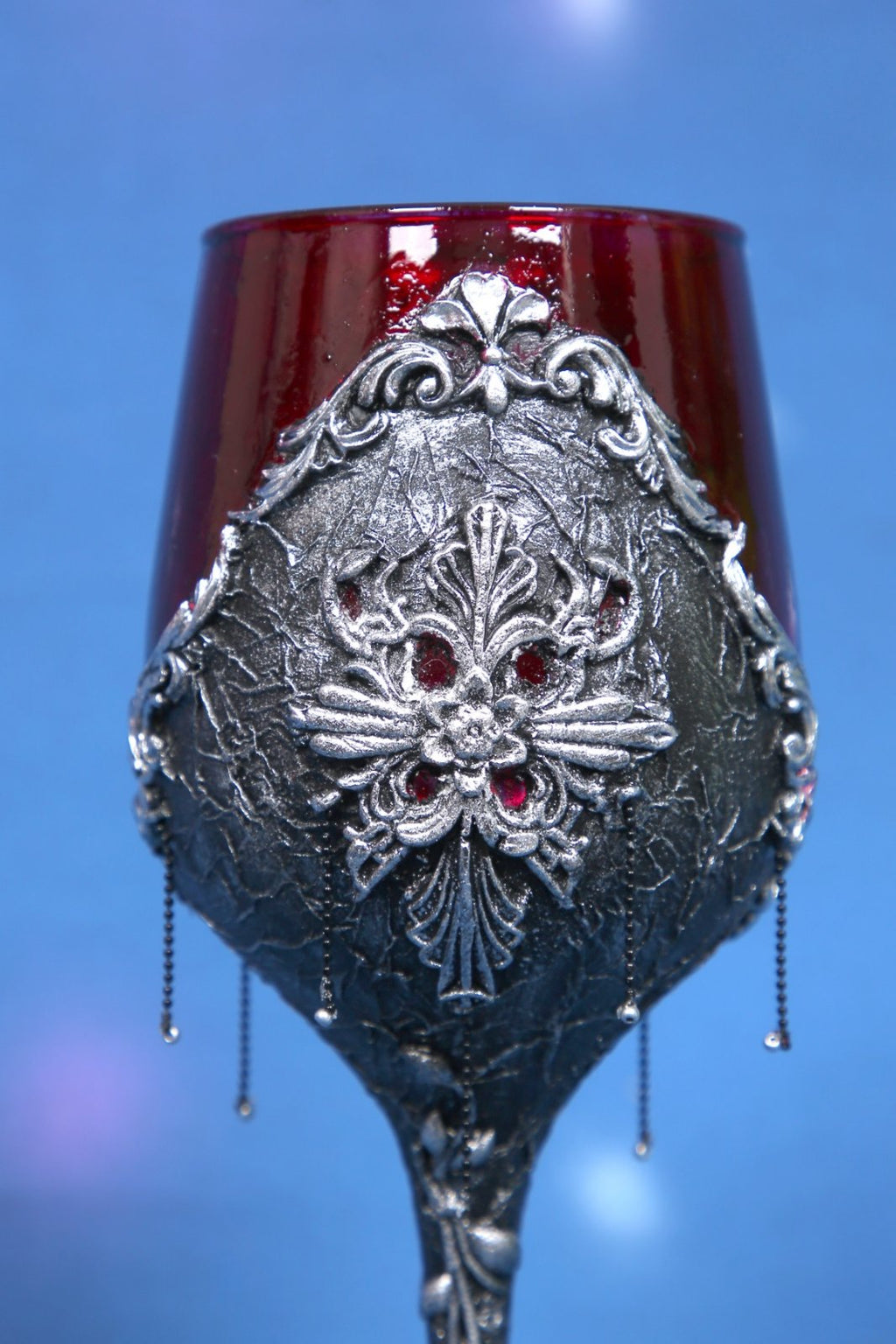 Gothic Wine Glass with Decoupage & Beaded Charms - Silver Metallic Ornate Goblet