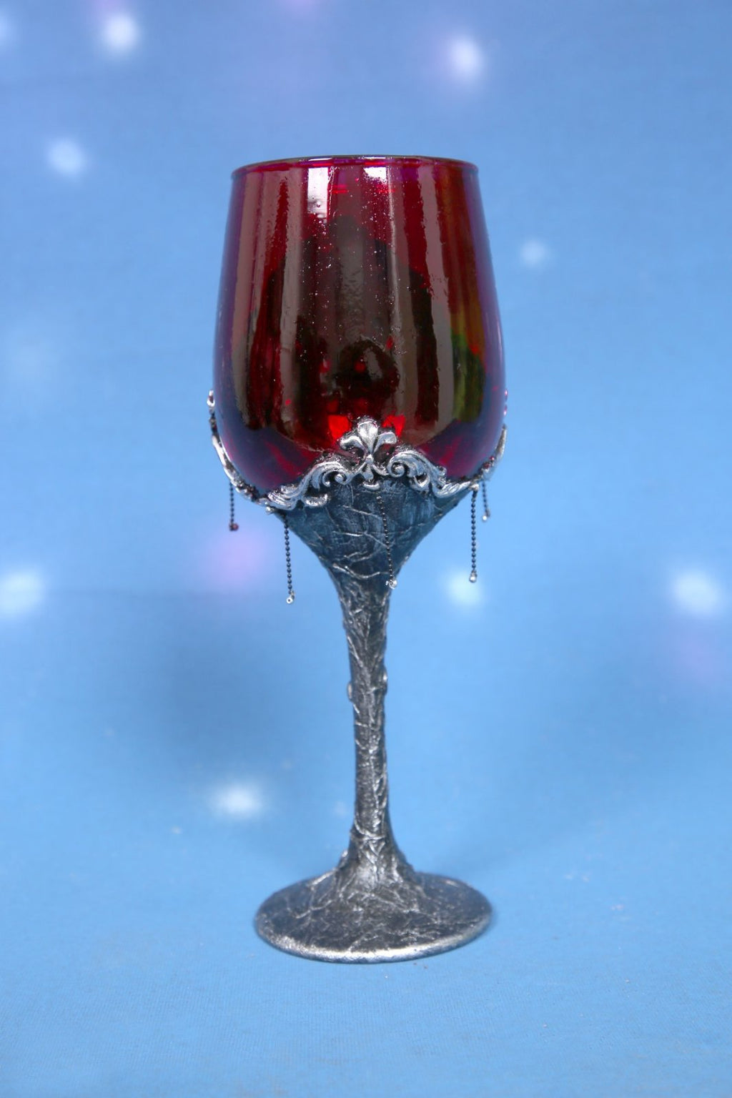 Gothic Wine Glass with Decoupage & Beaded Charms - Silver Metallic Ornate Goblet
