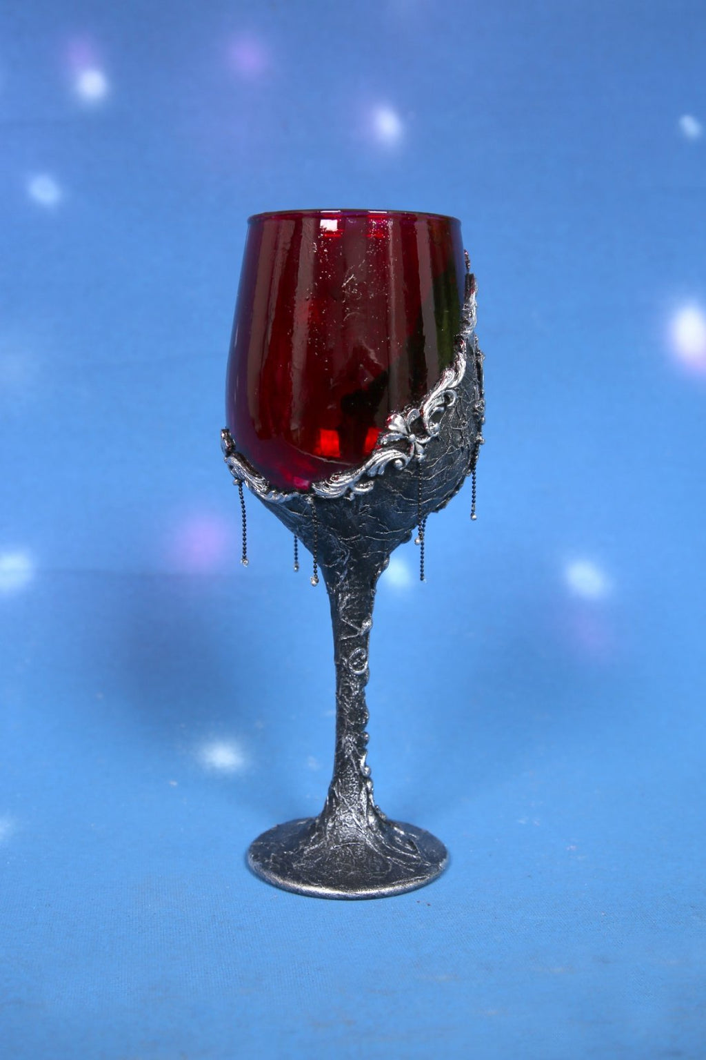 Gothic Wine Glass with Decoupage & Beaded Charms - Silver Metallic Ornate Goblet